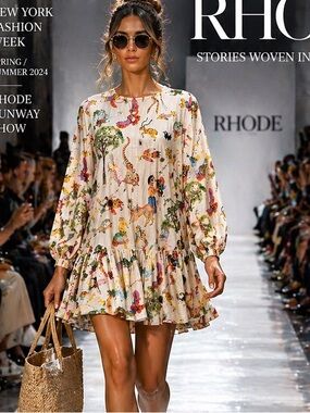 RHODE Whimsical Safari Print Mini Dress Drop Waist Flounce Hem Resort Size S